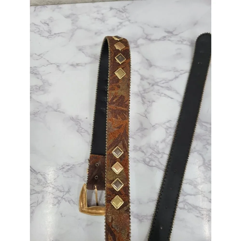 Century Canada Studded Brown Suede Leather Belt with Gold Buckle